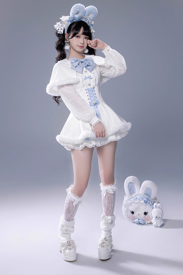 Ivory Ruffled Bow Lace-Up Jirai Dress with Plush Shorts