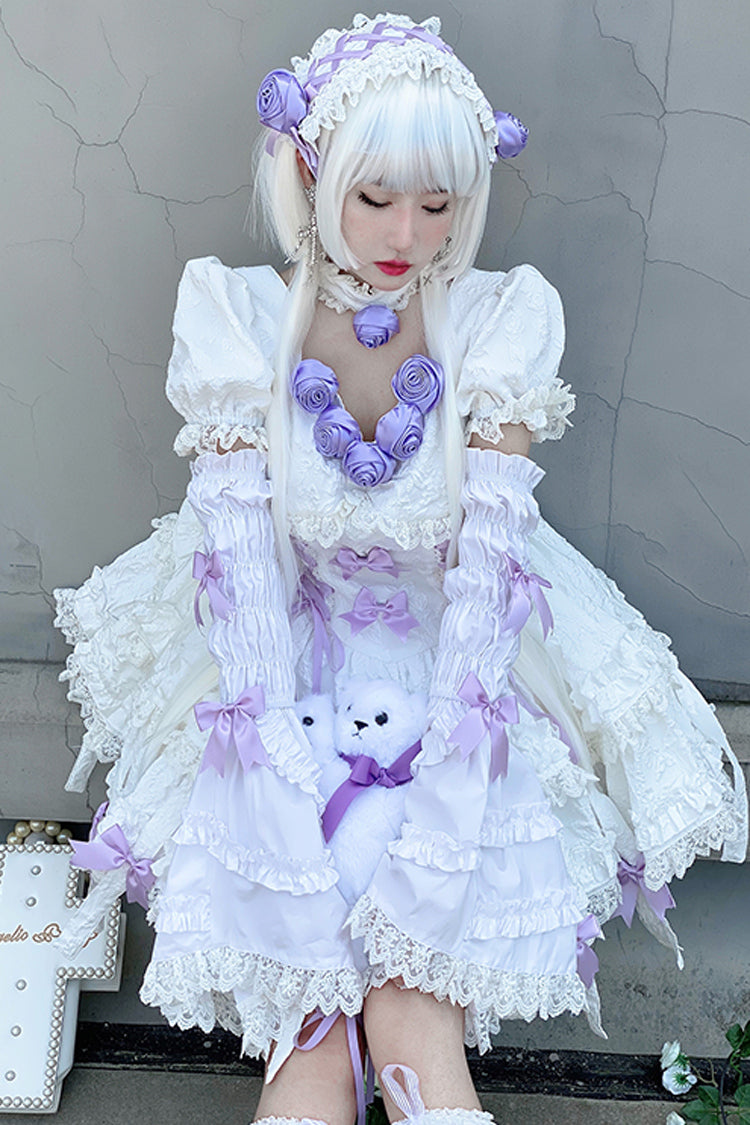 Ivory and Purple Puffed Short Sleeve Princess Gothic Lolita Tiered Dress