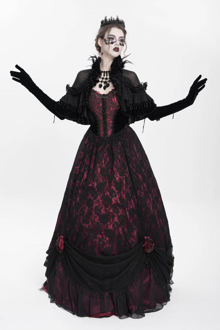 Scarlet Beaded Floral Embroidered Gothic Long Slip Dress