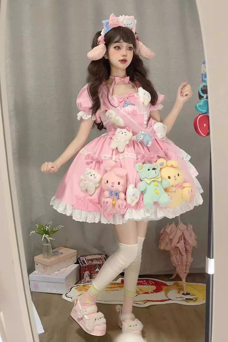 Pink Square-Collar Doll-Print Detachable-Sleeve Bow-Trimmed Princess Sweet Dress