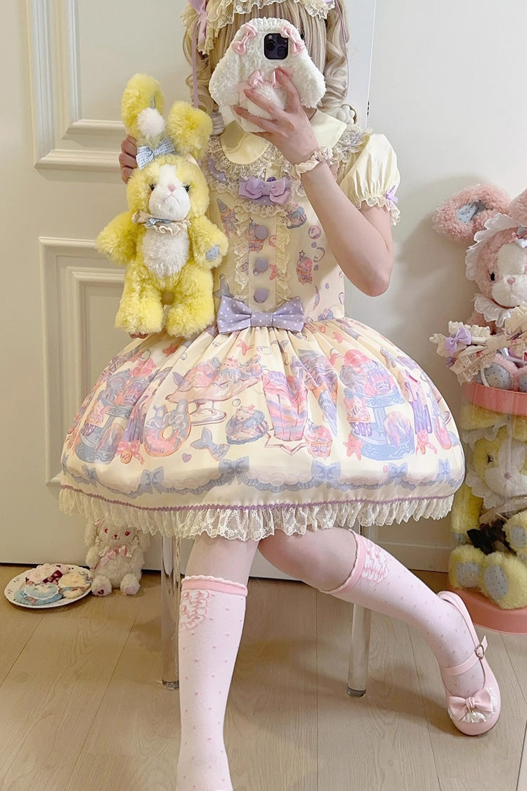 Cream Soda Mermaid Print Yellow Bow Lace Sweet Lolita Strap Dress