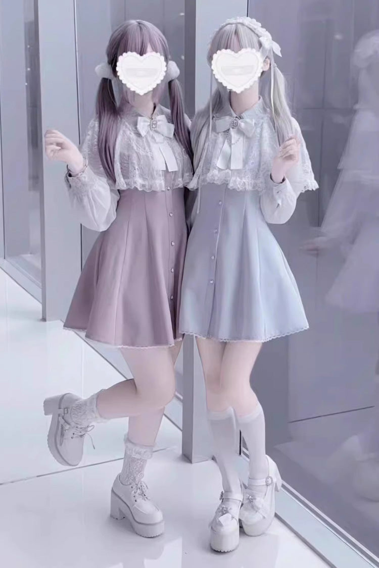 Aqua Shawl Lace Chiffon Long Sleeves Slim Jirai Kei Dress