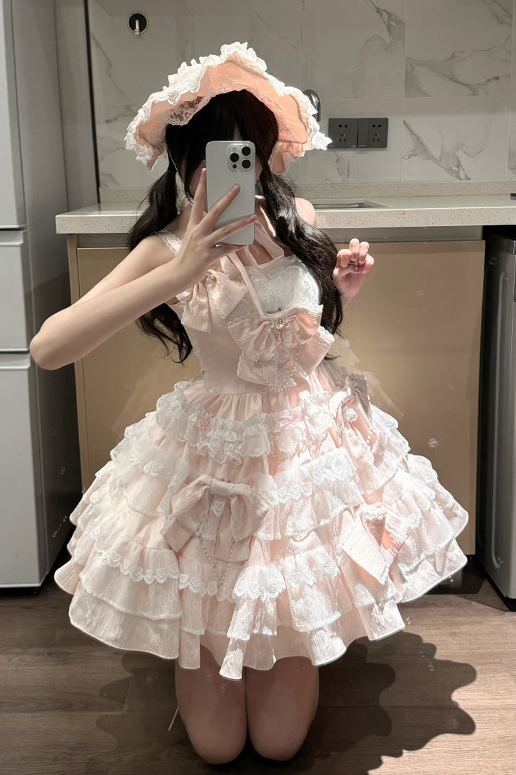 Pink Sweet Princess Lolita JSK Dress with Multi-Layered Ruffle and Bowknot