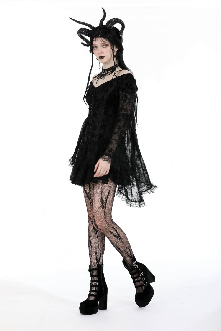 Off Shoulder Long Trumpet Sleeves Velvet Spliced Mesh Gothic Graduation Dress
