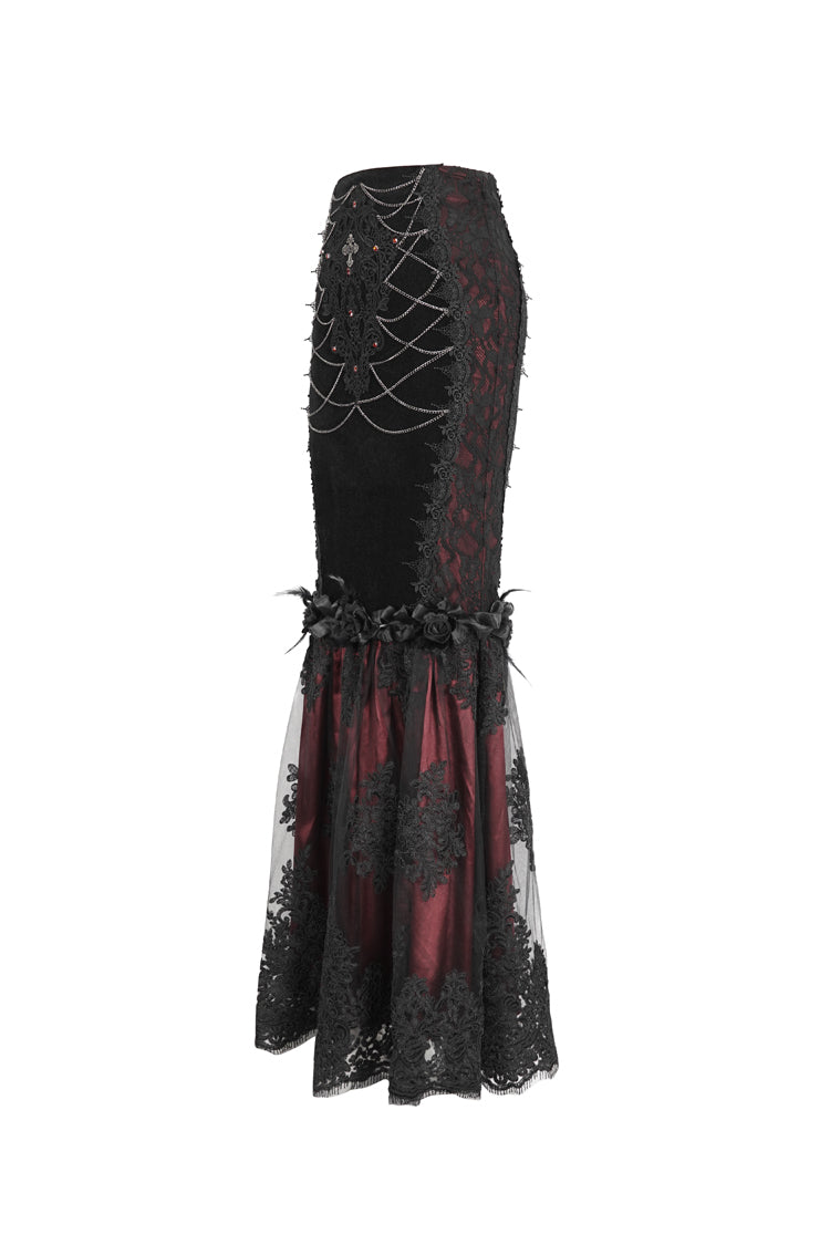 Crimson & Noir High-Rise Embroidered Lace Accent Gothic Skirt