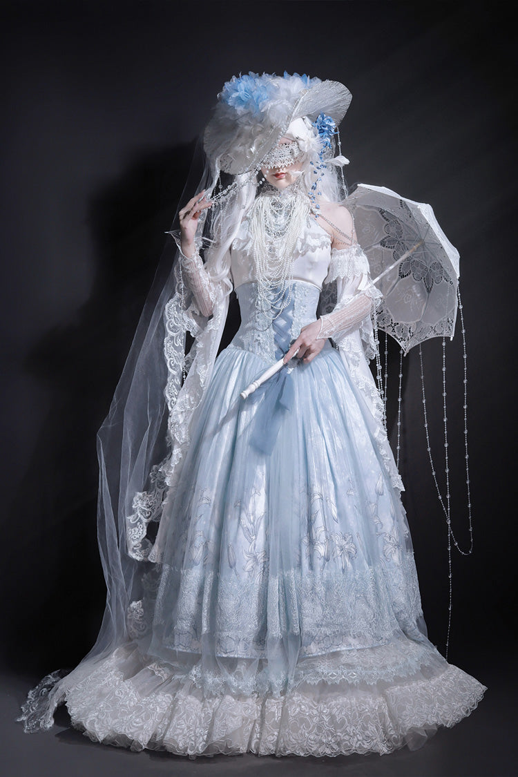Snow Lily Print Ruffle Hanayome Embroidery Lace-Up Elegant Princess Lolita Skirt Set in Blue