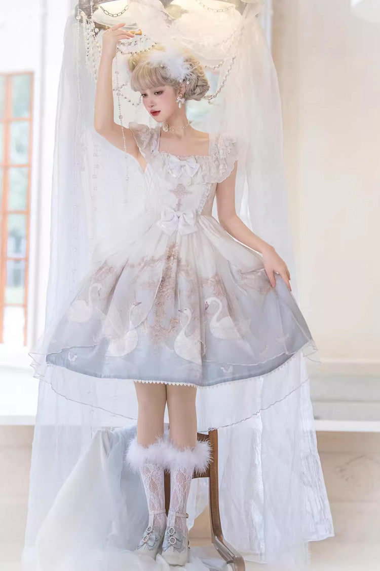 Swan Lake Print Ruffle Bowknot Elegant White Blue Lolita Jsk Dress - Flower and Letter