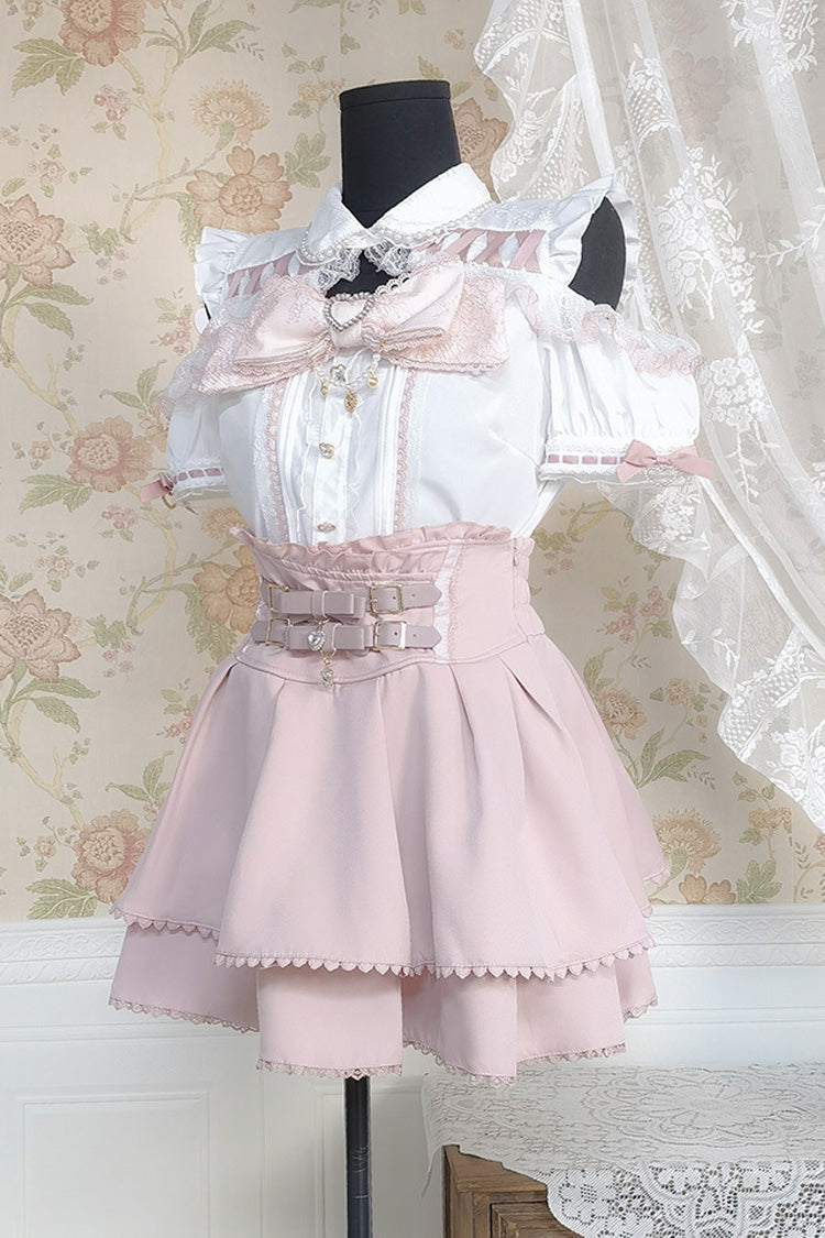 Blush & White Lapel Collar Short-Sleeve Double Ruffled Bow Sweet Jirai Kei Set