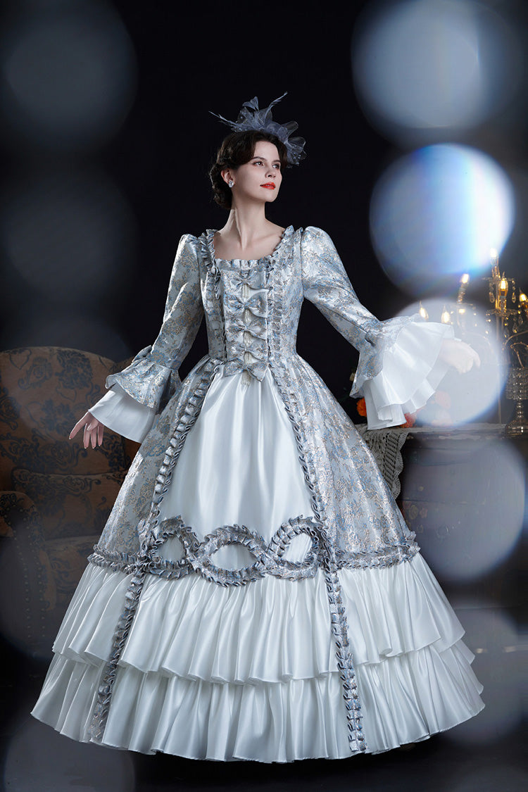 Azure Vintage Trumpet-Sleeve Embroidered Bow-Front Palace Gown