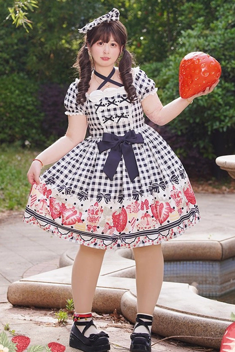 Strawberry Plaid Print Bowknot Sweet Plus Size Princess Black Short Sleeves Dress