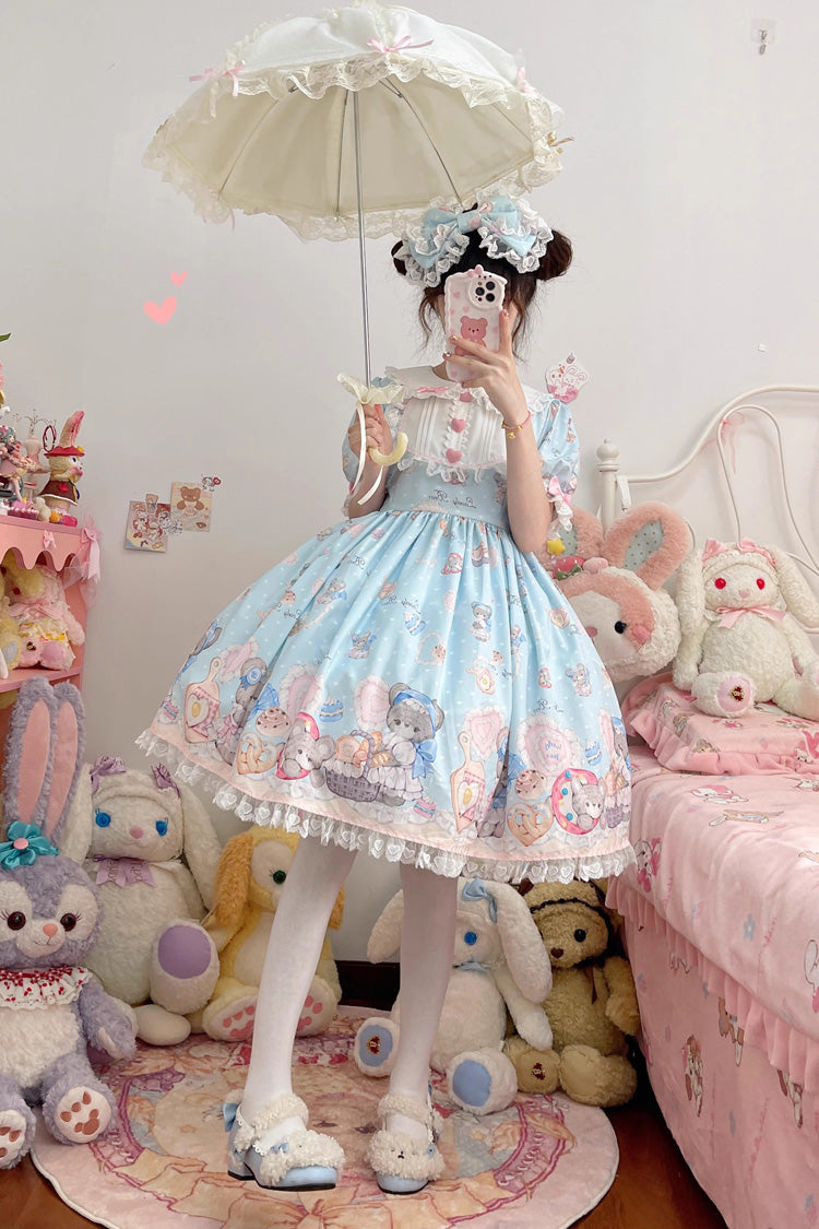 Azure Baked-Bear Print Sweet Dress with Ruffled Sleeves