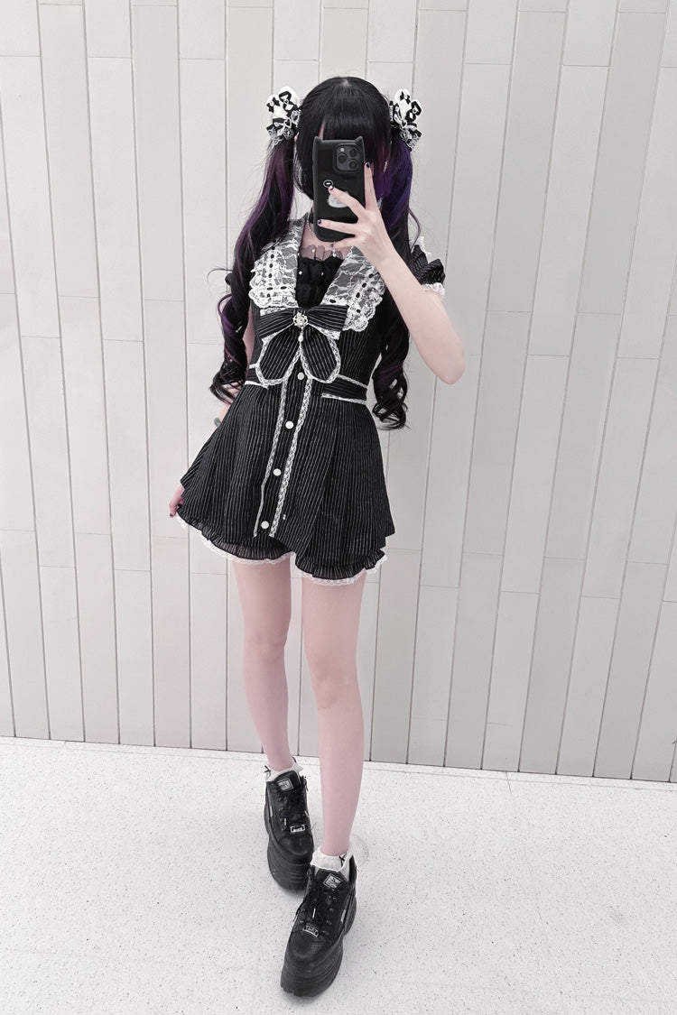 Black [Serenade] Short Sleeve Ruffle Bowknot Lace Sweet Jirai Kei Gown Set
