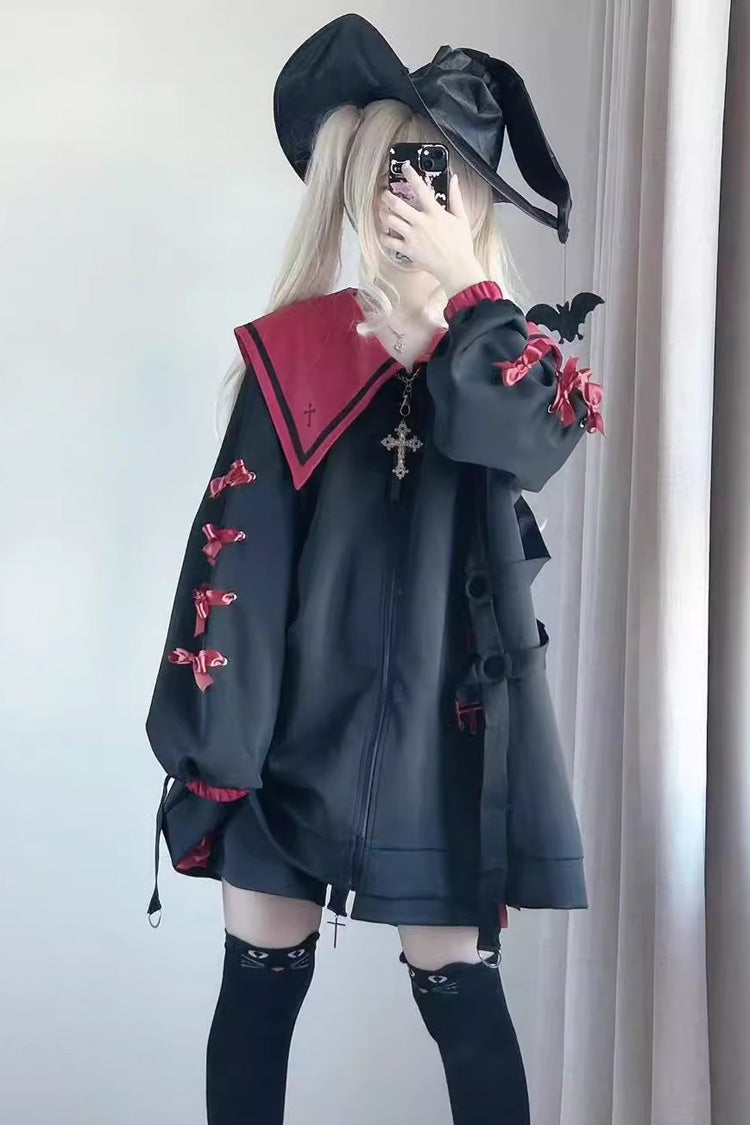 Sailor Collar Long Sleeve Cross Print Bow Coat - Jirai Kei