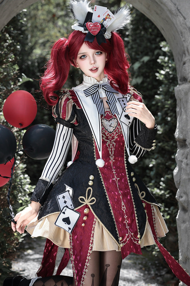 Black/Red Stand Collar Gothic Dress Set with Jacquard