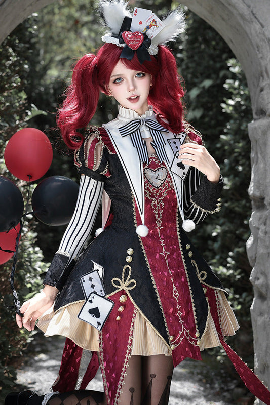 Black/Red Stand Collar Gothic Dress Set with Jacquard
