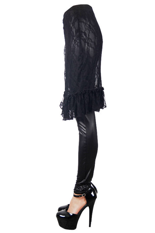 Obsidian Rose Lace Mesh Over-Skirt Faux Leather Pants for Women