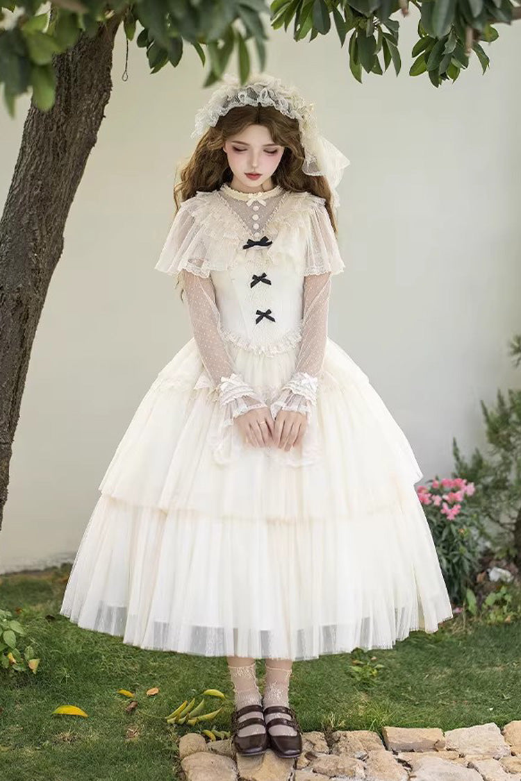 Elegant Sweet Lolita Dress with Edwardian Collar and Ruffled Bow - Ivory