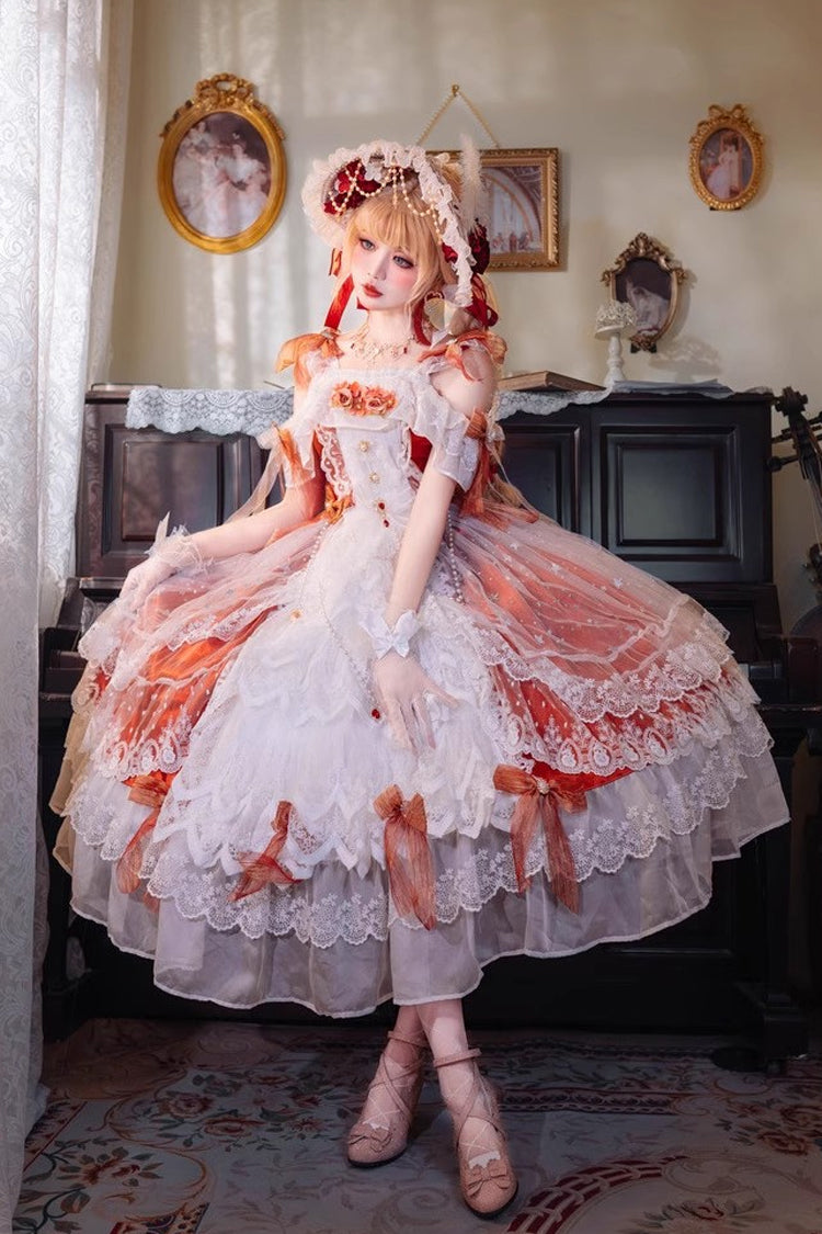 Glazed Phantom Off Shoulder Ruffle Hanayome Bow Lace Elegant Lolita Dress in Red