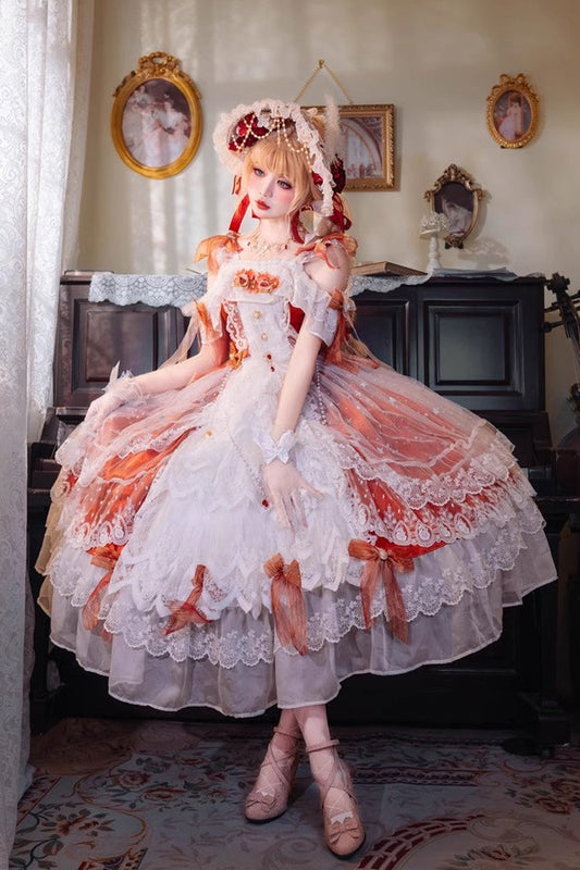Glazed Phantom Off Shoulder Ruffle Hanayome Bow Lace Elegant Lolita Dress in Red
