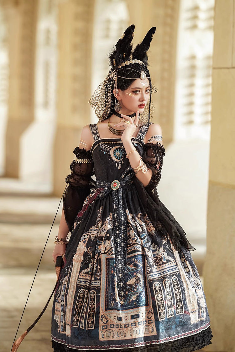Gothic Lolita Dress with Egyptian Print, Ruffles, Dusk Style