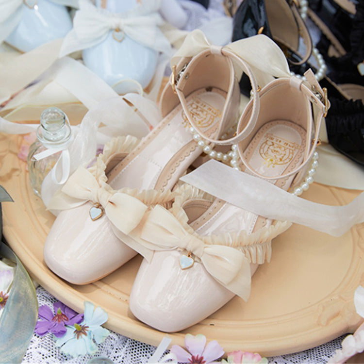 Sweet Lolita Footwear with Bow, Lace, and Pearl Accents in 4 Colors