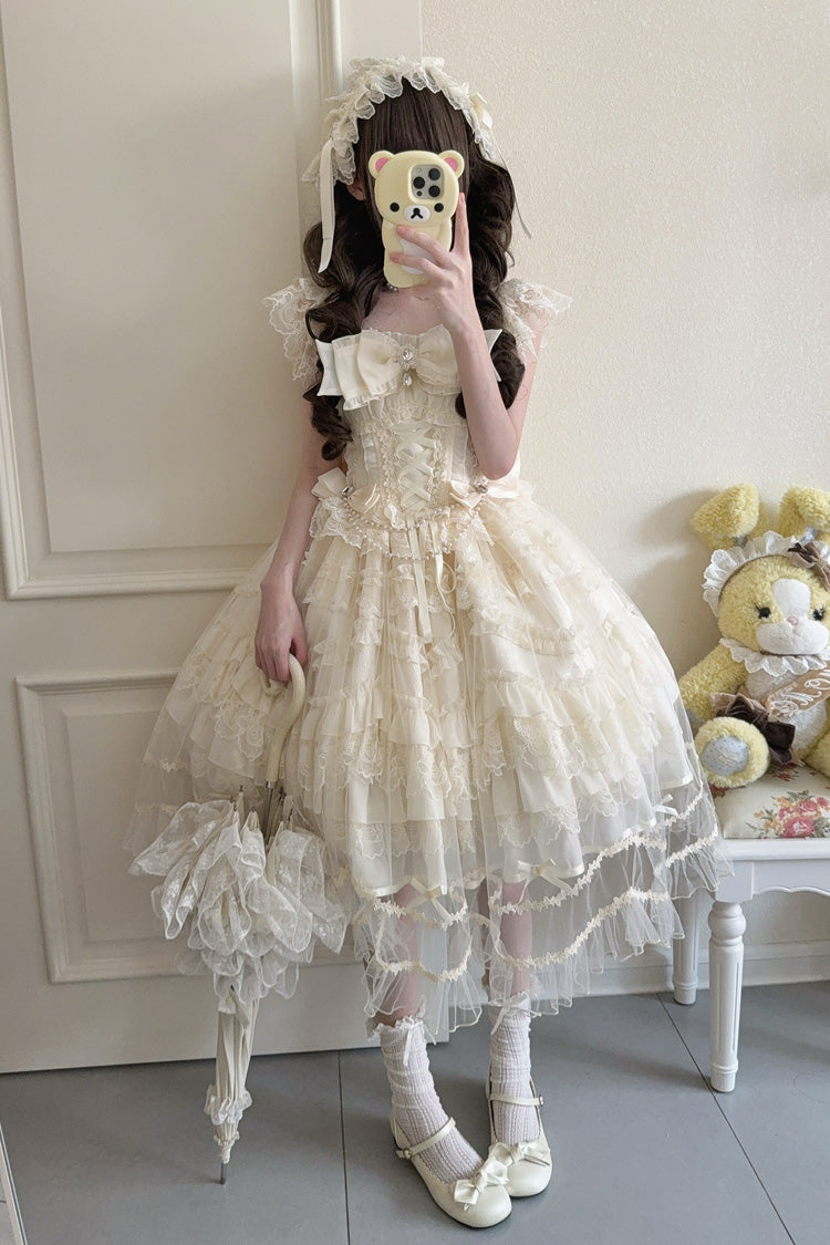 Elegant Apricot Sleeveless Tiered Ruffle Lace-Up Bow Sweet Lolita JSK Gown
