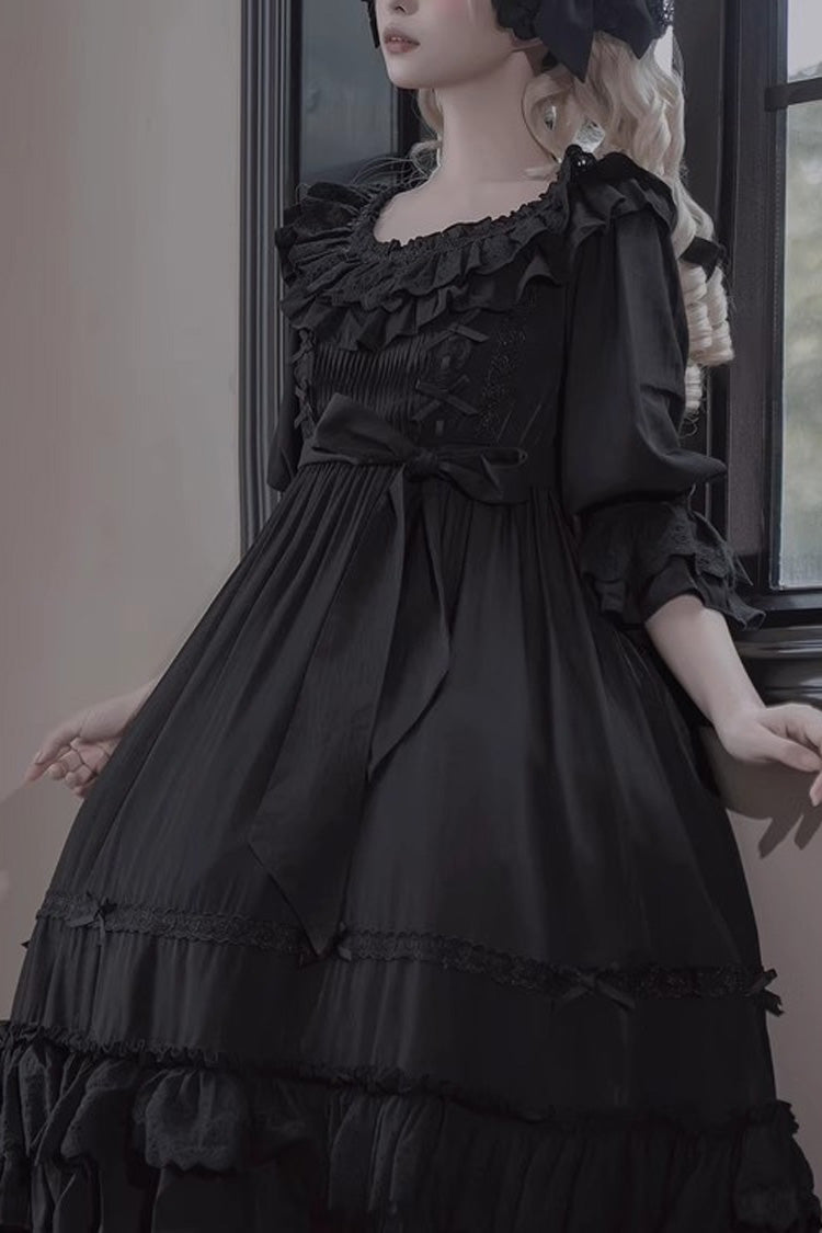 Good Morning Short Sleeve Ruffle Bow Lace-Up Gothic Dress in Black