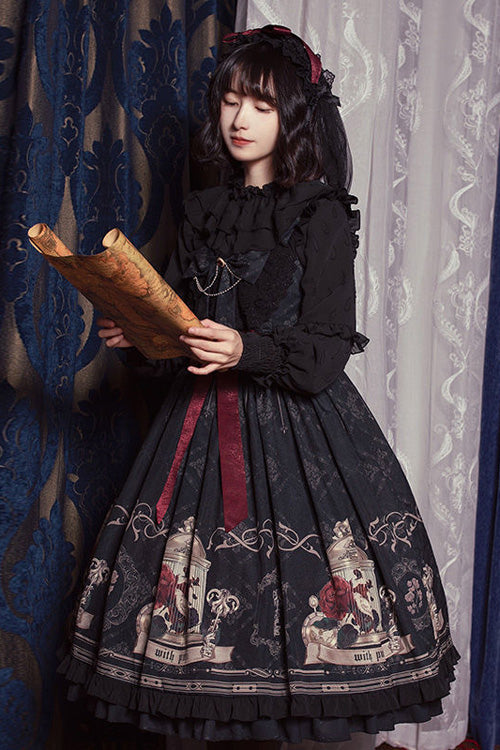 Strapless Gothic Lolita JSK with Rose Print and Bowknot Ruffles