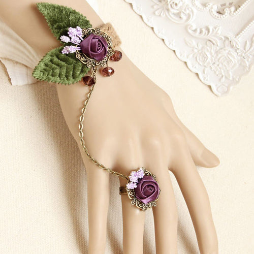 Lavender Vintage Rose-Leaf Hemp Rope Ring and Bracelet Set