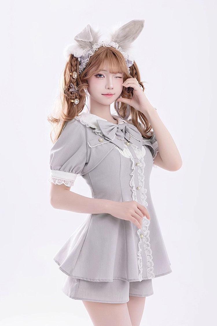 Grey Short Sleeves Ruffle Bowknot Fake Two Pieces Jirai Kei Japanese Dress Shorts