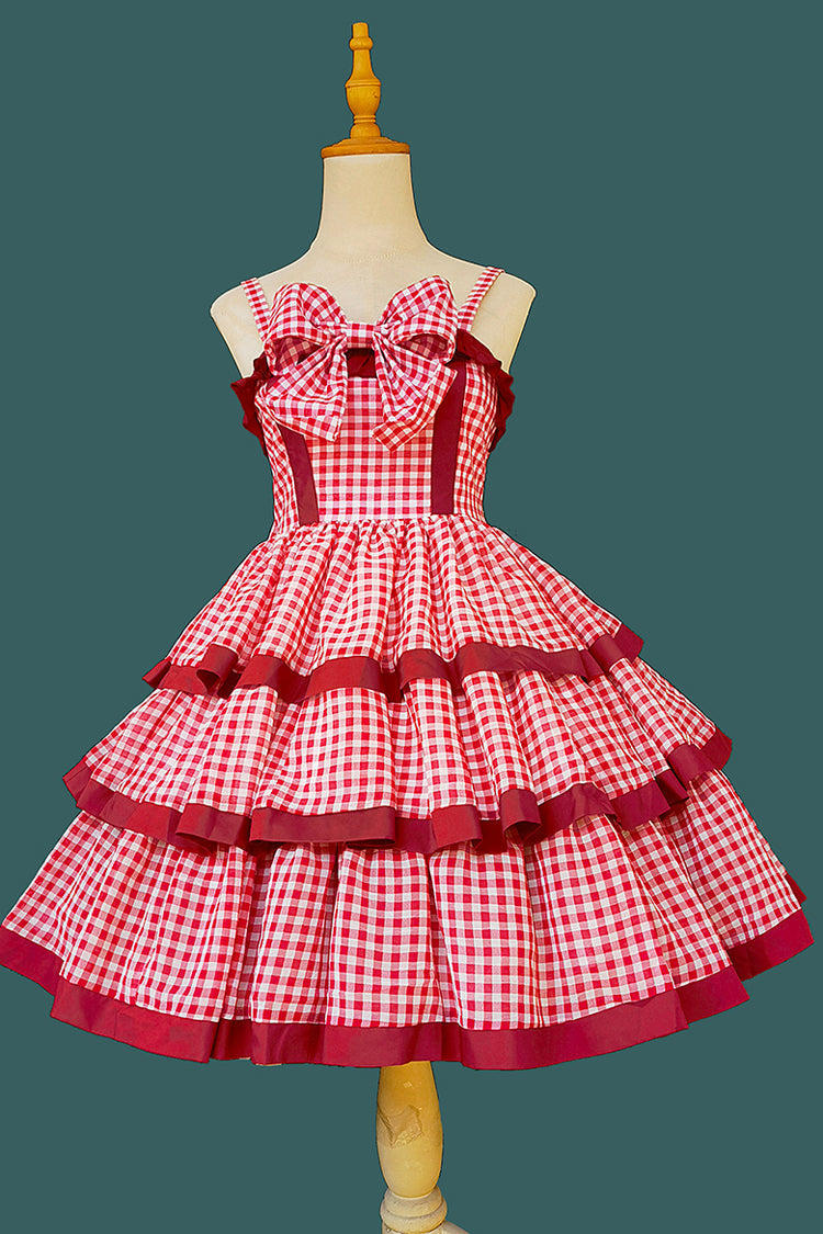 Red Triple-Layered Plaid Ruffle Bow Sweet Lolita Dress