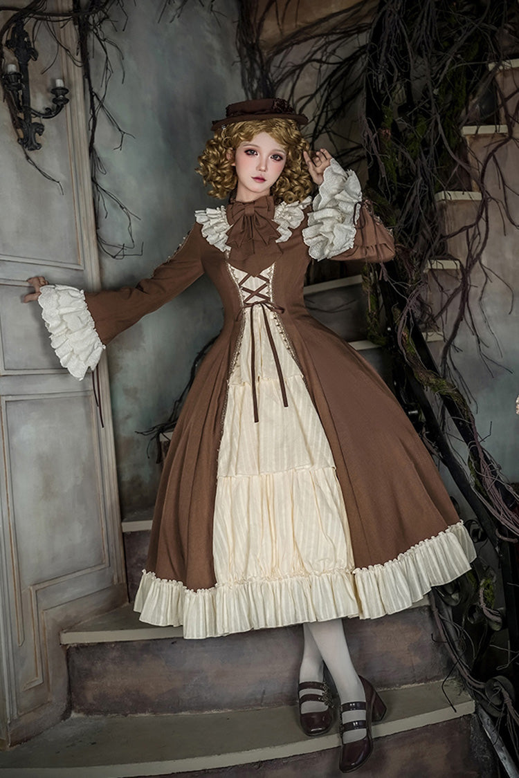 Brown Beige Nutcracker Stand Collar Long Trumpet Sleeves Ruffle Cardigan Lace-Up Sweet Lolita Dress Set