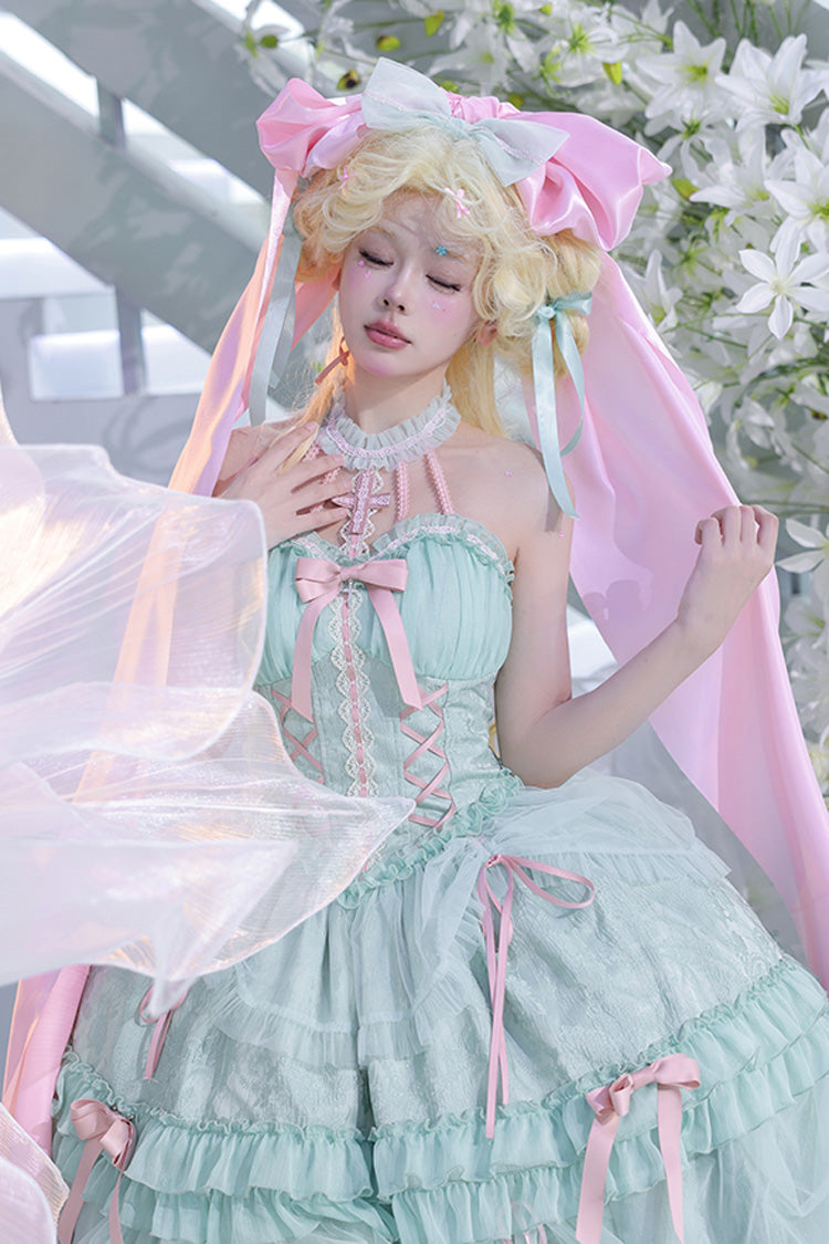 Green Cross Halterneck Lace-Up Sweet Lolita Dress - Ruffled Bowknot Lace