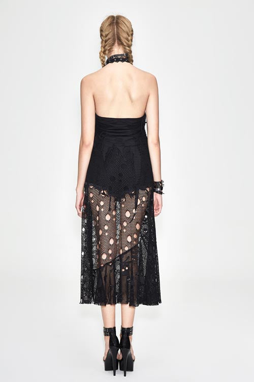 Broken Holes Mesh Peplum Halter Punk Dress