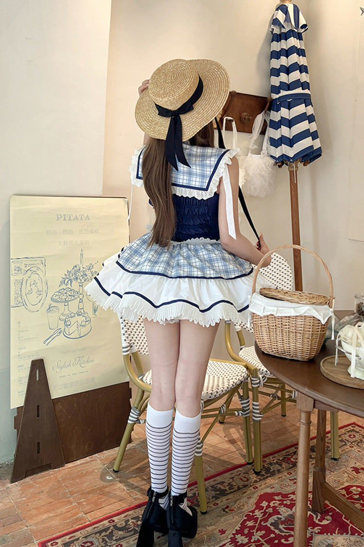 Blue/White Sailing Love Navy Collar Sleeveless Plaid Print Ruffle Ribbon Girly Lolita Dress