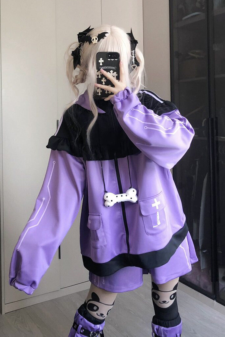 Orchid Cat-Ear Hooded Jirai Kei Shorts Jacket Set