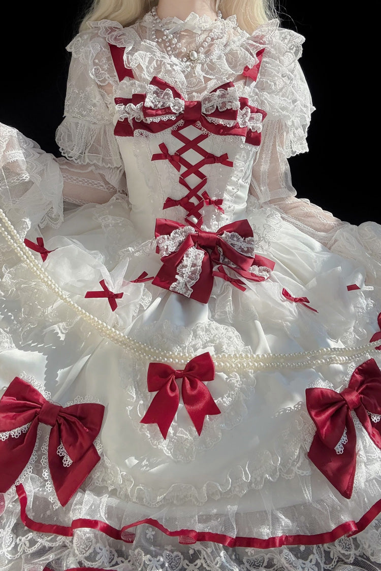 Ivory and Scarlet Heart Sleeveless Layered Embroidered Bow Lace-Up Sweet Lolita JSK