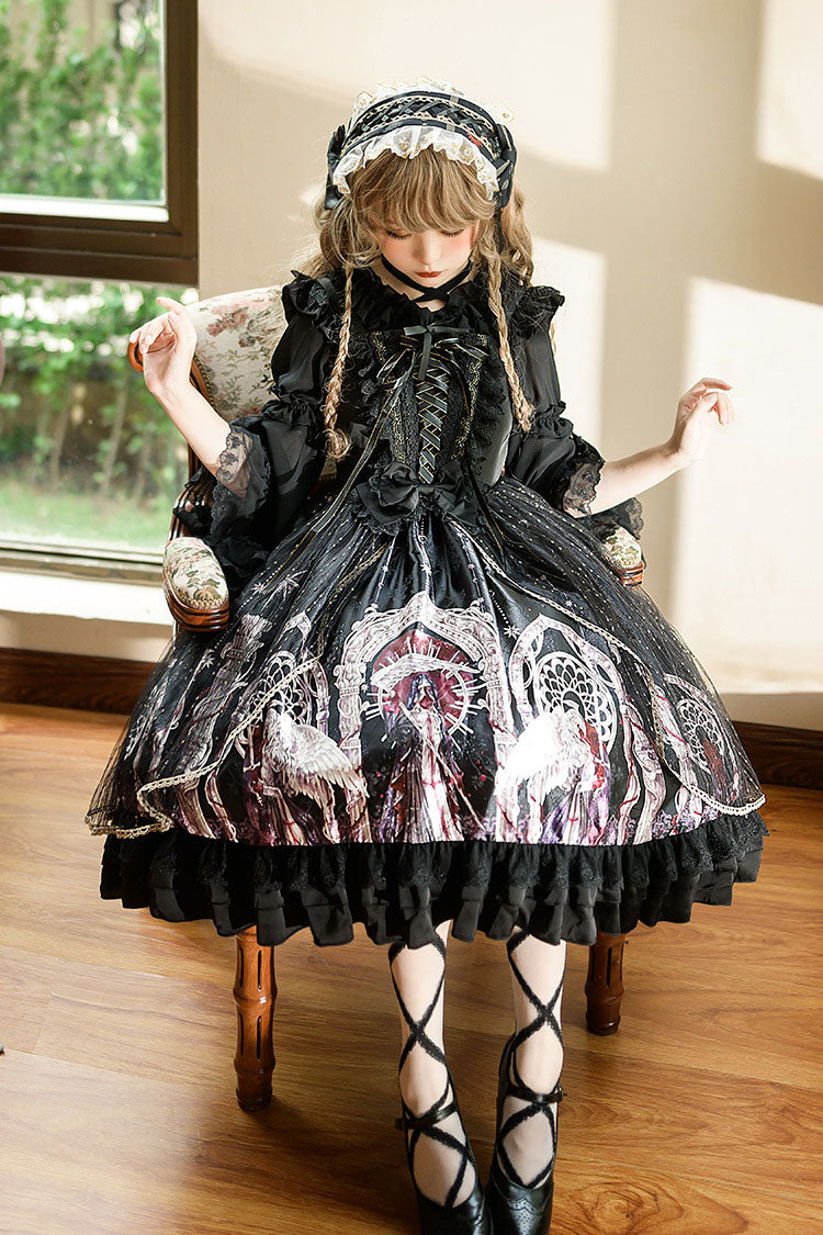 Black Gothic Lolita JSK Dress with Angel Wings Print and Mesh Ruffles - Altfashion Shop