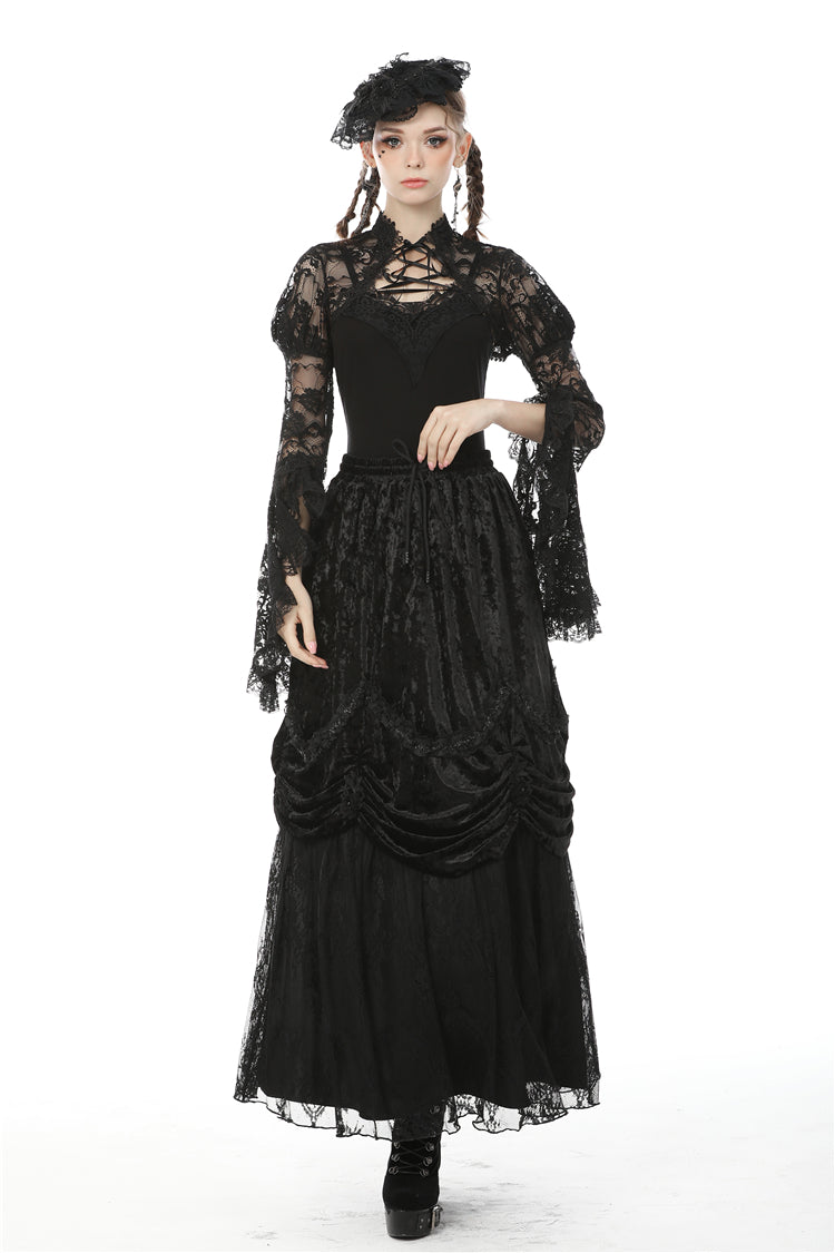 Jet-Black Gothic Cape with Sheer Floral Lace and Lacing for Women