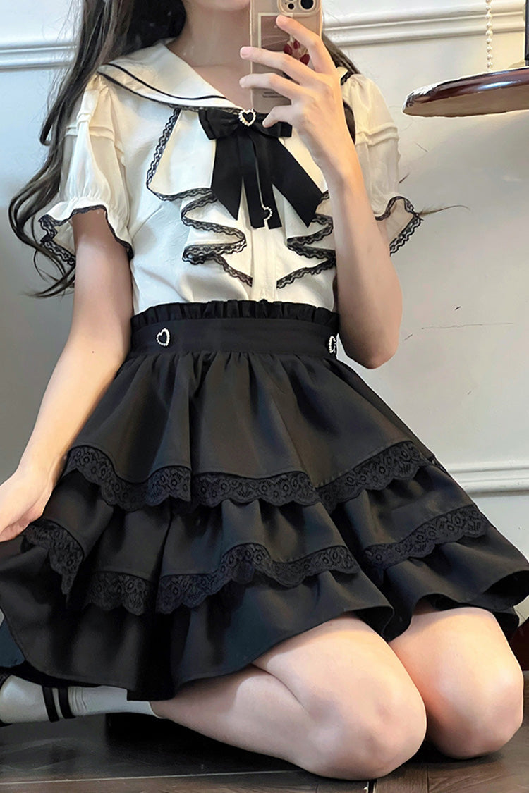 Sailor Collar Multi-Layered Ruffle Bowknot Jirai Kei Skirt Set - Black/White