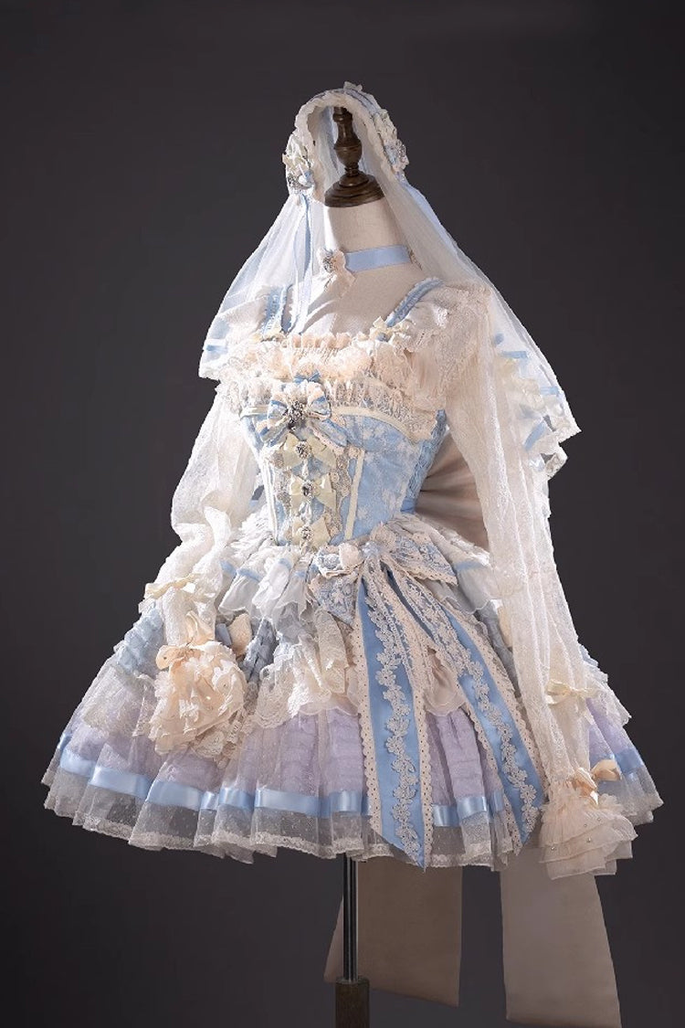Moonstone Sleeveless Ruffle Embroidery Bow Lace Fishbone Princess Dress in Blue