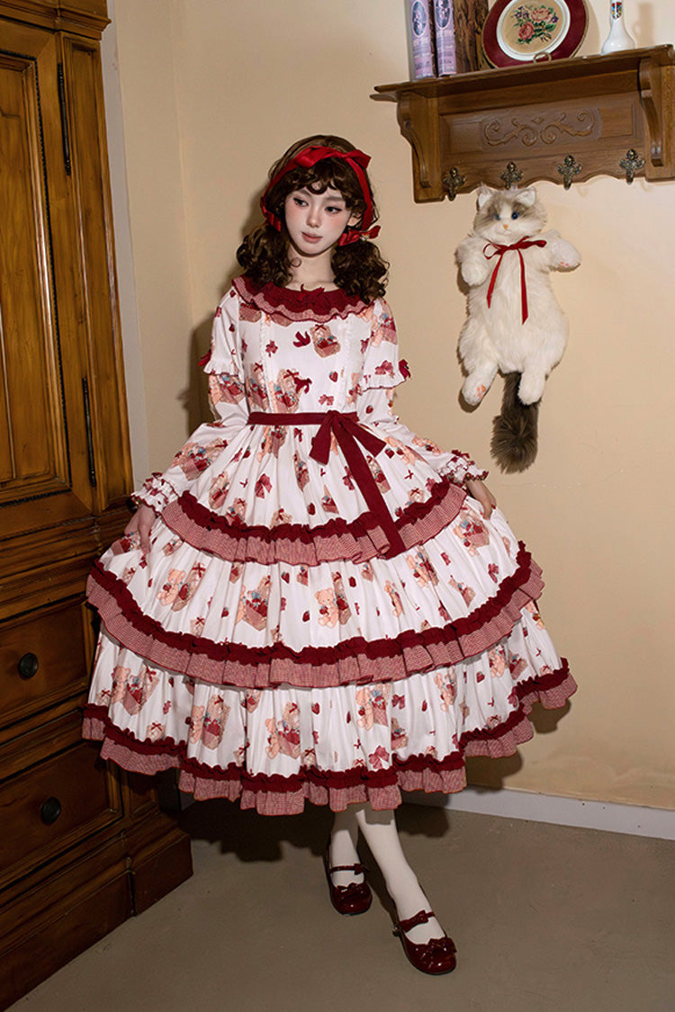 Blush Pink & White Berry Farm Print Long-Sleeve Layered Ruffled Sweet Lolita Gown