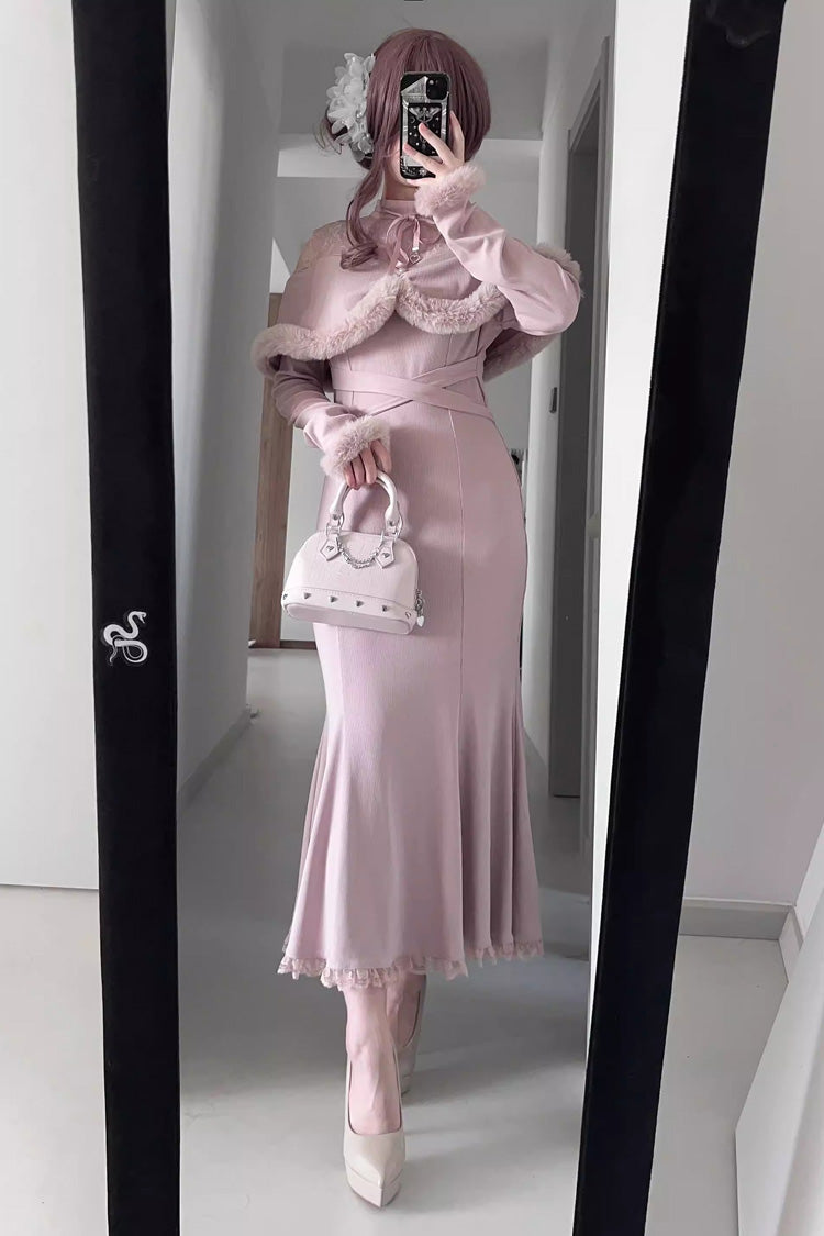 Jirai Kei Stand Collar Off Shoulder Long Sleeves Embroidered Lace Sweet Japanese Fishtail Dress 2 Colors