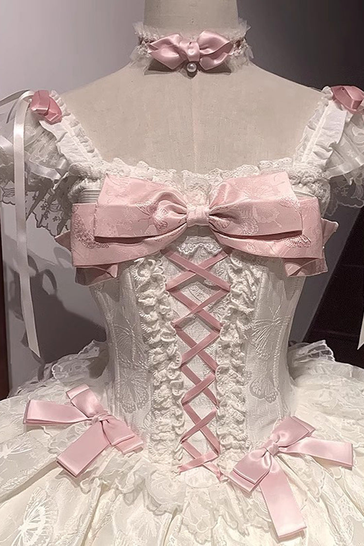 Apricot Sweet Elegant Lolita JSK Dress with Sleeveless Ruffles Bowknot Lace and Lace-Up