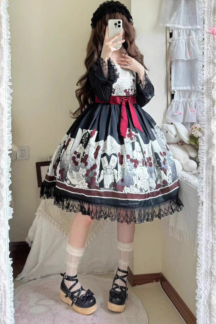 Black Print Bow Lace Gothic Lolita Dress - Two Versions