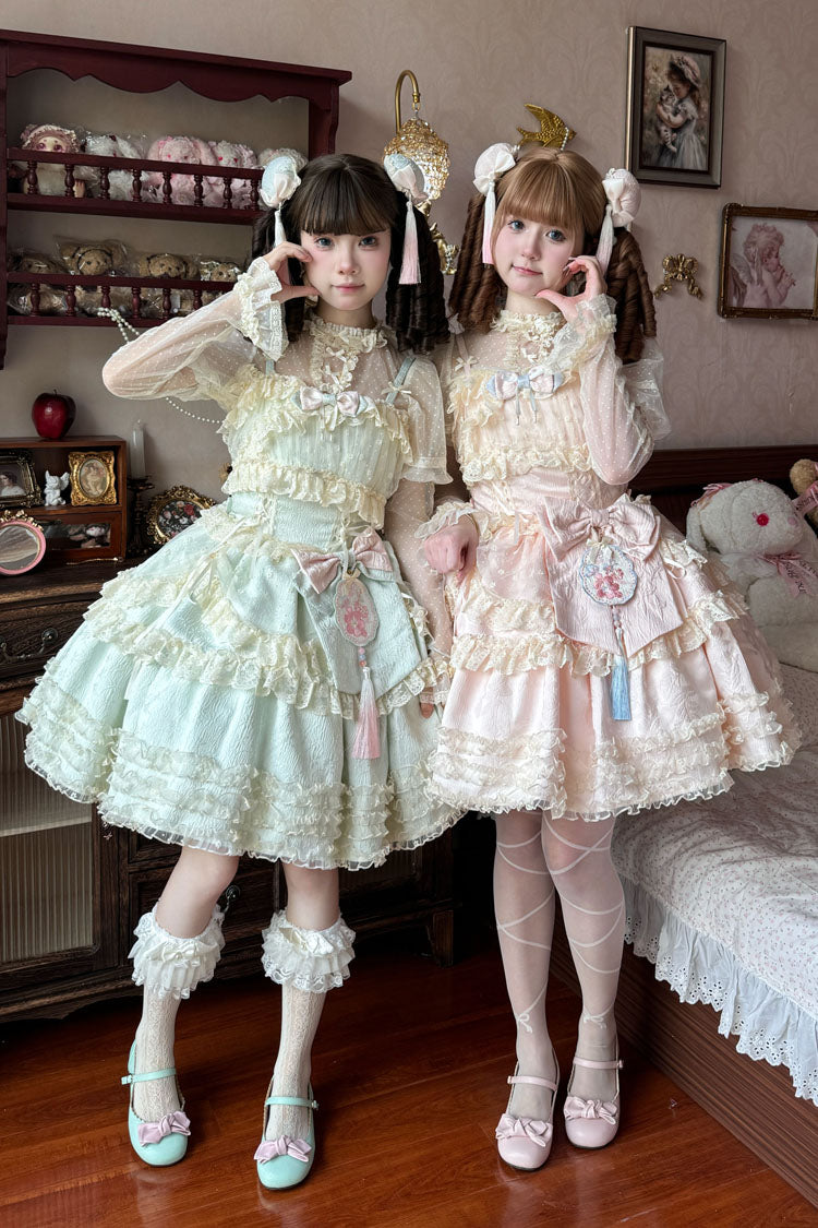 Good Night Peach Sleeveless Multi-Tiered Ruffled Bow Lace Sweet Chinese Style Lolita Jumper Dress Three Colors