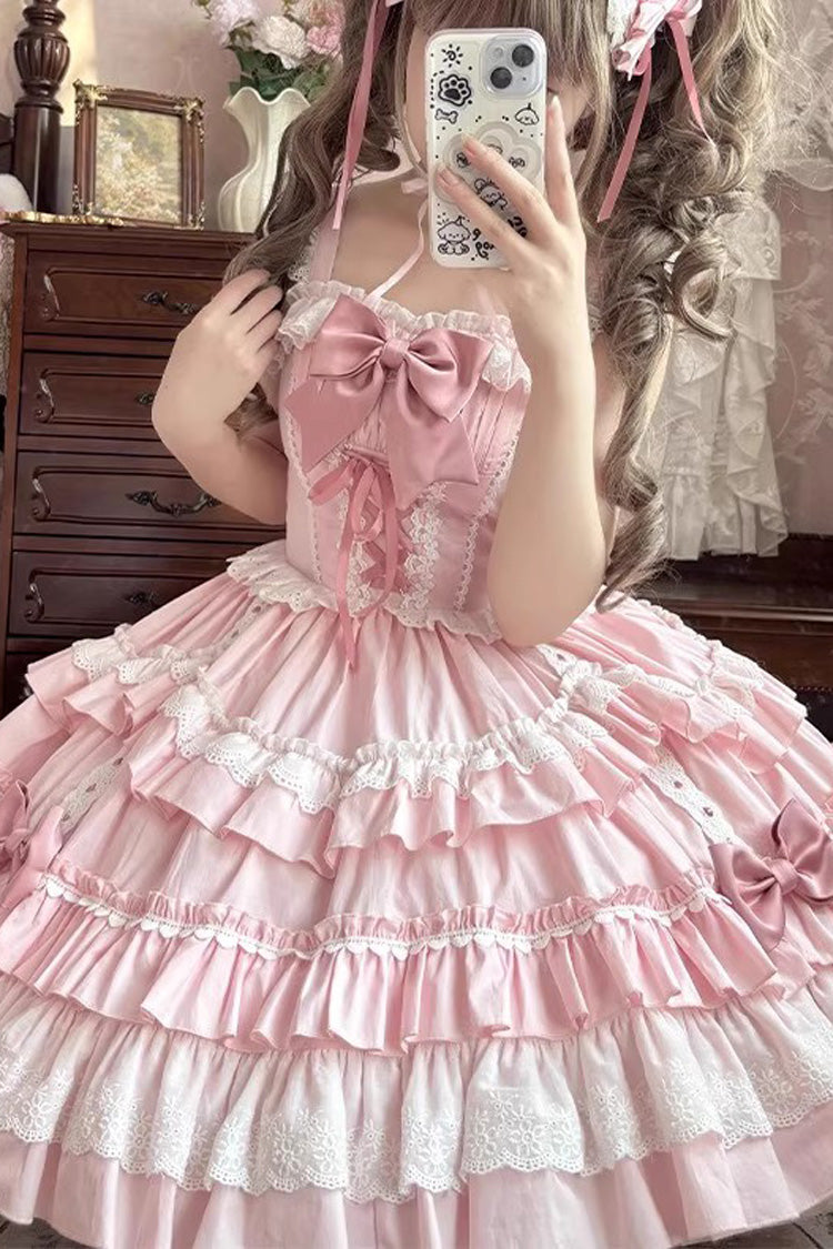 Blush Sleeveless Multi-Layer Ruffle Bow Lace-Up Sweet Tiered Dress