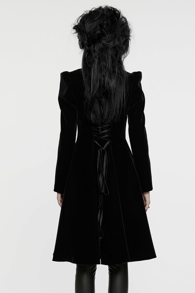 Jet-Black Gothic Coat with Puffed Sleeves and Floral Embroidery