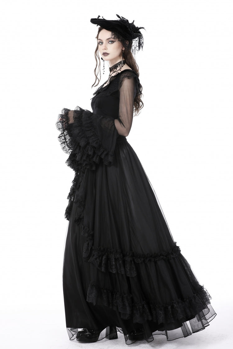 Gothic Women's Top with Trumpet Sleeves and Ruffles, Black