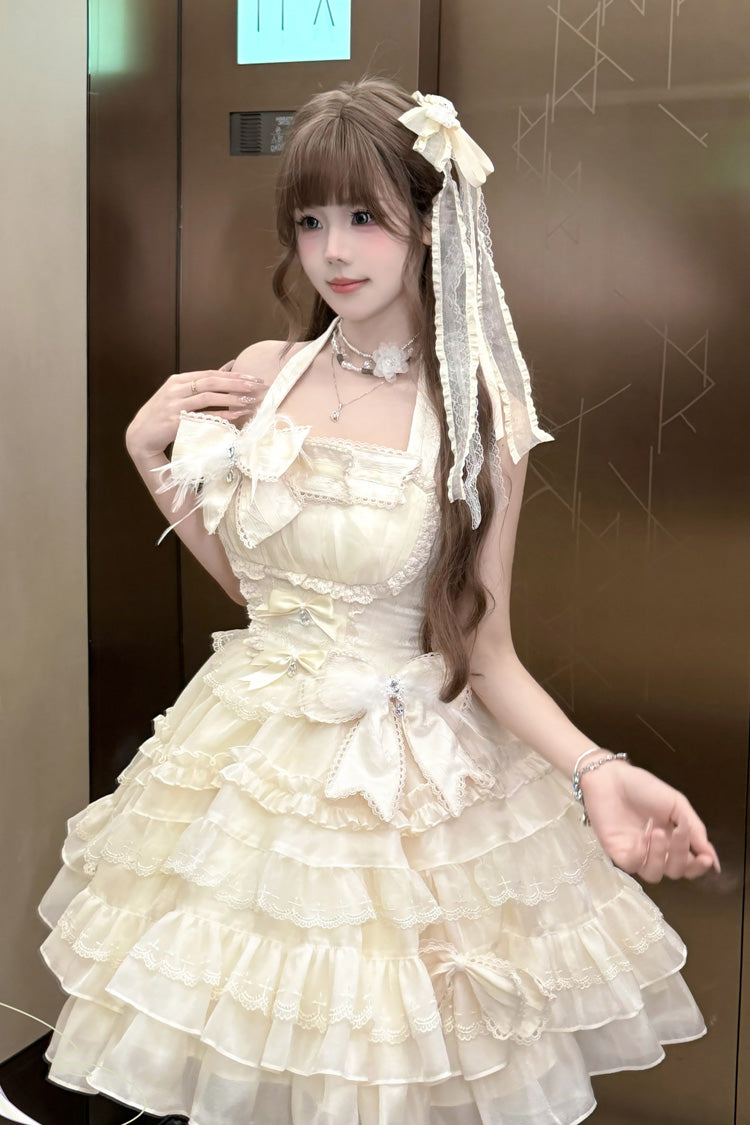 Swan Overture Apricot Halterneck Sleeveless Multi-Layered Ruffle Bowknot Lace Sweet Dress